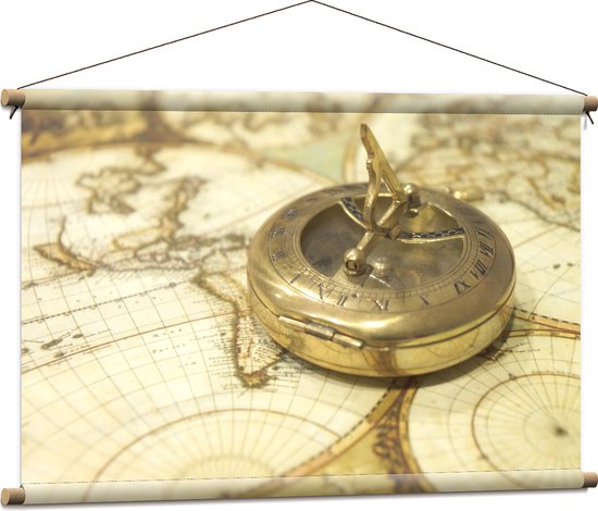 Textielposter - Gouden Kompas op Wereldkaart - 90x60 cm Foto op Textiel