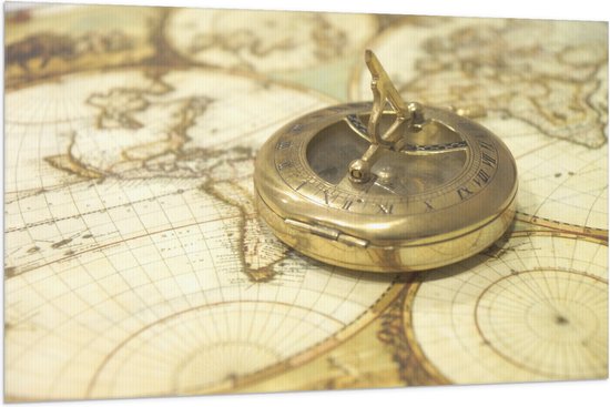 Vlag - Gouden Kompas op Wereldkaart - 150x100 cm Foto op Polyester Vlag