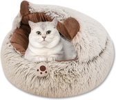 Huisdier grot bed, kattennest met afneembaar wasbaar binnenkussen, zachte pluche donut bed knuffelaar, zacht pluizig wasbaar kitten bed (L, bruin)