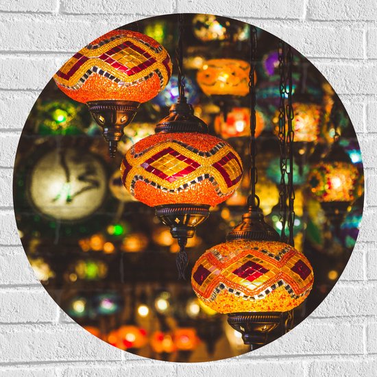 Muursticker Cirkel - Traditionele Oosterse Lampionnen Versierd met Mozaïek - 70x70 cm Foto op Muursticker