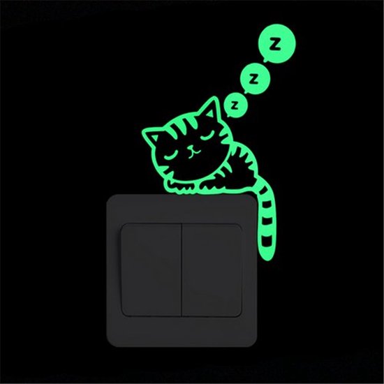 Glow in the dark muur sticker - Lichtknop sticker - Slapende kat