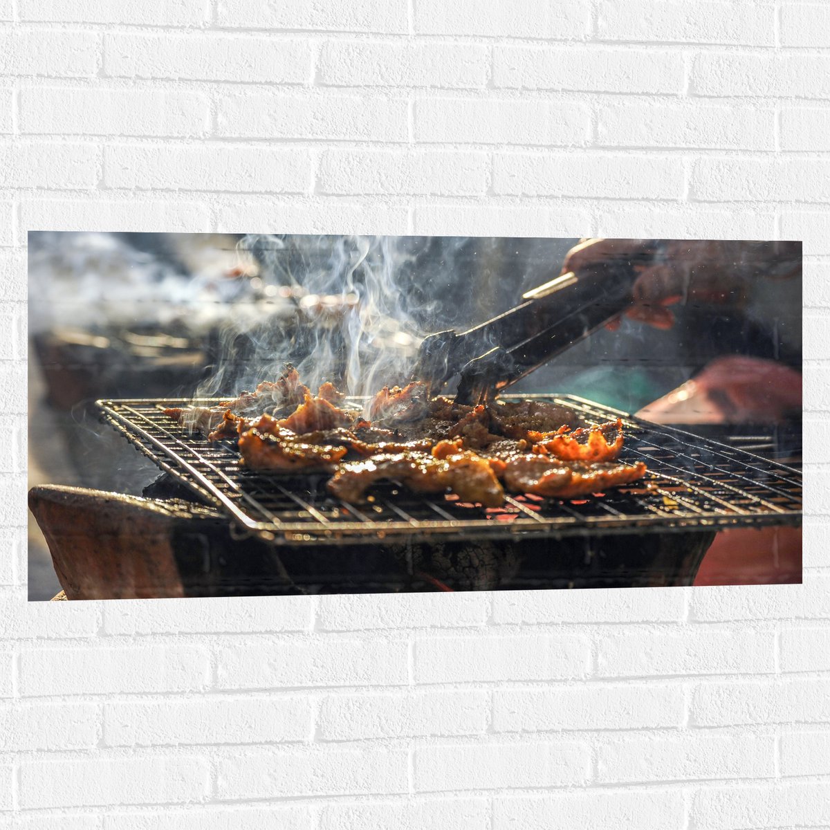 Muursticker - Barbecue - Kool - Rook - Tang - Vlees - Bakken - Eten - Buiten - 100x50 cm F