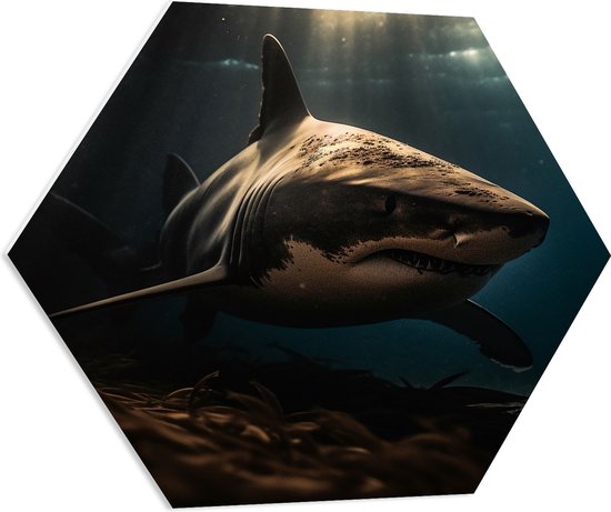 PVC Schuimplaat Hexagon - Grote witte haai diep in de zee in donkere omgeving - 70x60.9 cm Foto op Hexagon (Met Ophangsysteem)