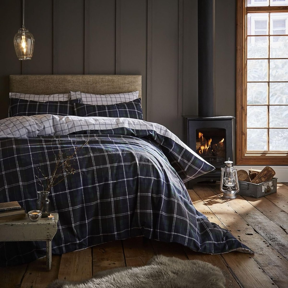 Geborsteld Katoen Tartan Check Eenpersoons Dekbedovertrek Navy