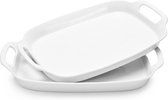 Porcelain Serving Plate, 39 x 25 cm. Large White Serving Tray with Handles, Serving Plate Rectangular for Food, Appetizers, Cakes, for Restaurants, Entertainment, Party, 2 Pack