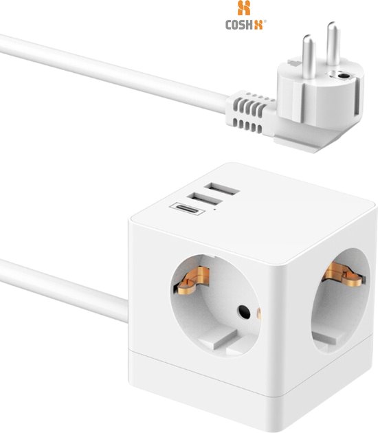 CoshX® Compact verlengsnoer kubus 6 in 1, 2 x USB A en 1 x USB C 3.4A snellader... bol