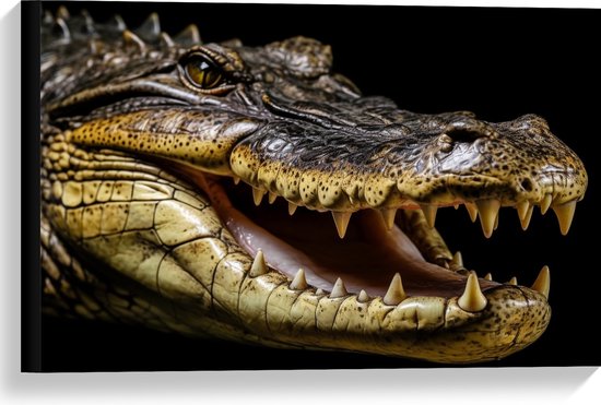 Canvas - Krokodil opent zijn bek en laat tanden zien voor zwarte achtergrond - 60x40 cm Foto op Canvas Schilderij (Wanddecoratie op Canvas)