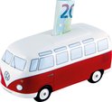 Rode en witte VW T1 Bulli spaarpot met een 20 eurobiljet erin. De spaarpot heeft een retro-look.