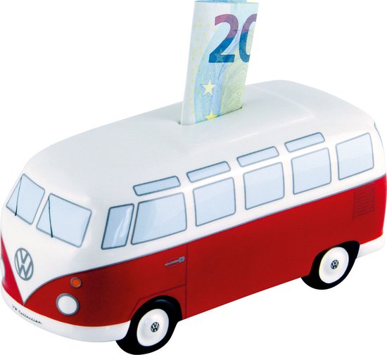 Rode en witte VW T1 Bulli spaarpot met een 20 eurobiljet erin. De spaarpot heeft een retro-look.