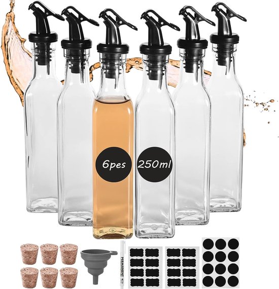 Oliefles 6 x 250 ml 6 olie-giftboxen 6 cups 3 etiketten 1 afveegbare stift 1 siliconen trechter set glazen fles Geschikt voor oliedispenser olijfolie fles likeurflessen azijn en oliefles set