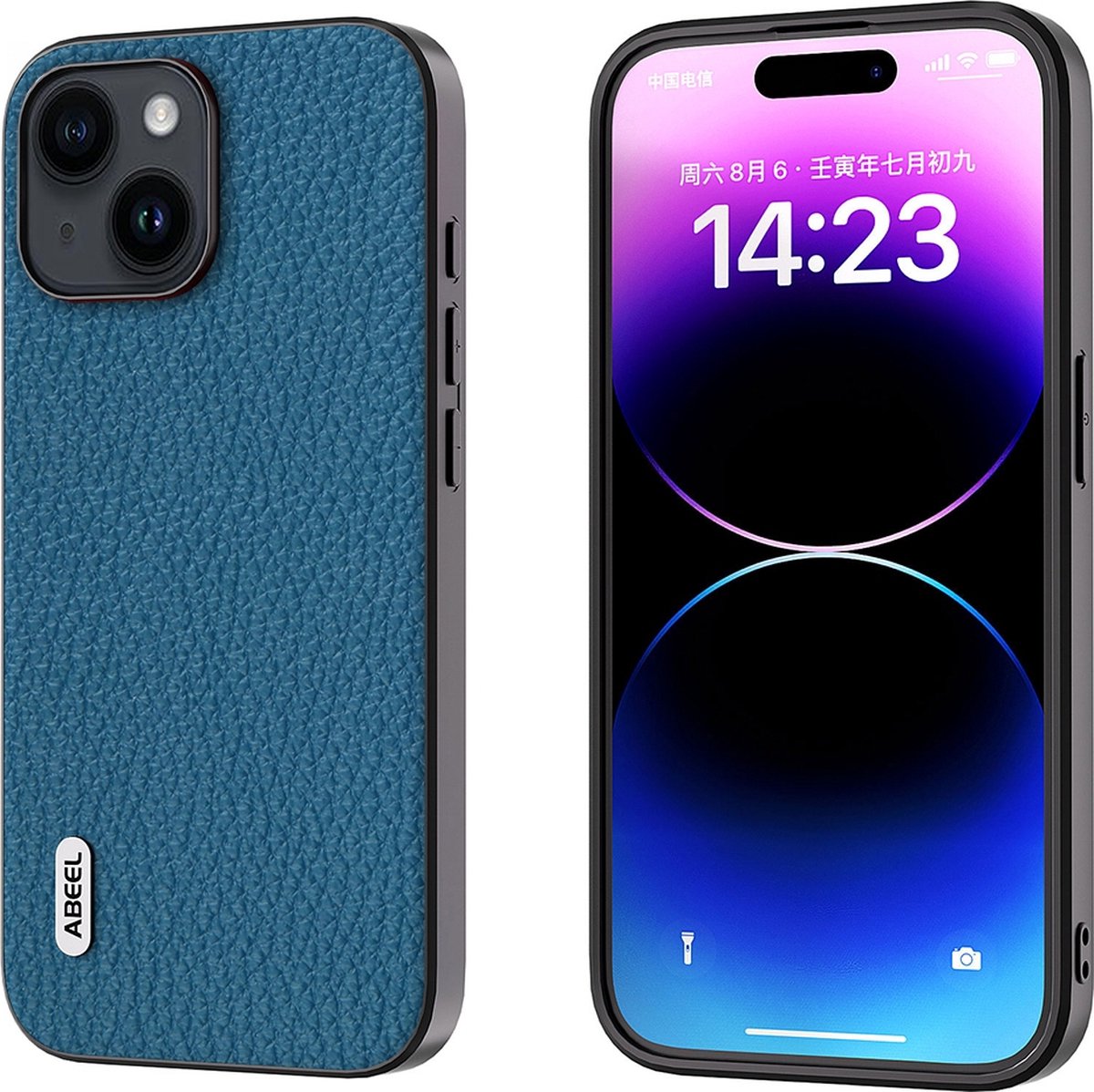 ABEEL lederen telefoonhoesje voor iPhone 14 Plus in het blauw met relief