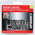 Verpakking met vier zilverkleurige antidiefstal wielbouten en een sleutel, met CARPOINT logo.