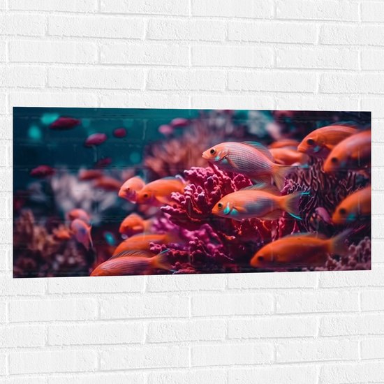 Muursticker - Groep oranje vissen zwemmen door een roze koraal heen - 100x50 cm Foto op Muursticker