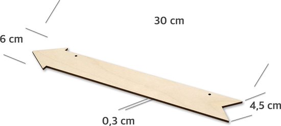 Ongeverfde houten pijl van 30 cm lang en 4,5 cm breed met een dikte van 0,3 cm.