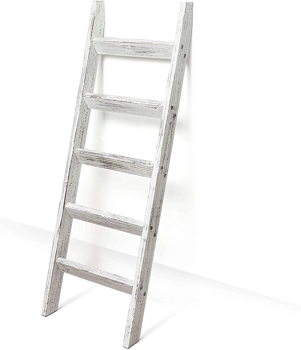Hallops© Plafond- en Handdoekladder 152 cm - Hoogwaardige Decoratieve Houten Ladder - Rustieke Handdoekrek Ladder van Hout - Witte Houten Decoratieve Ladder - Vintage Kledingladder - Houten Ladder Decoratie (Wit op Bruin)