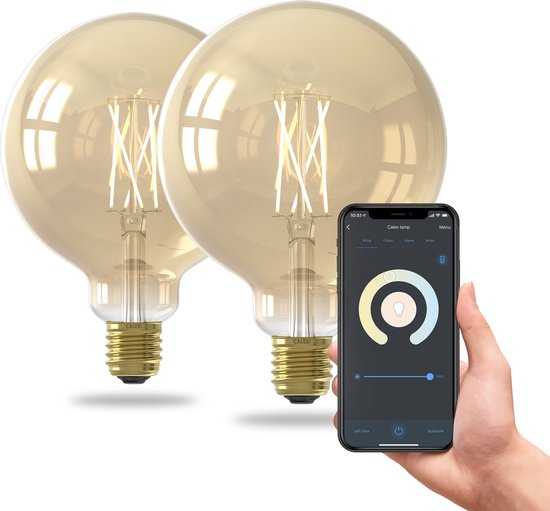 Calex Slimme Lamp - Set van 2 stuks - Wifi LED Filament Verlichting - Globe 12,5cm - E27 - Smart Lichtbron Goud - Dimbaar - Warm Wit licht -