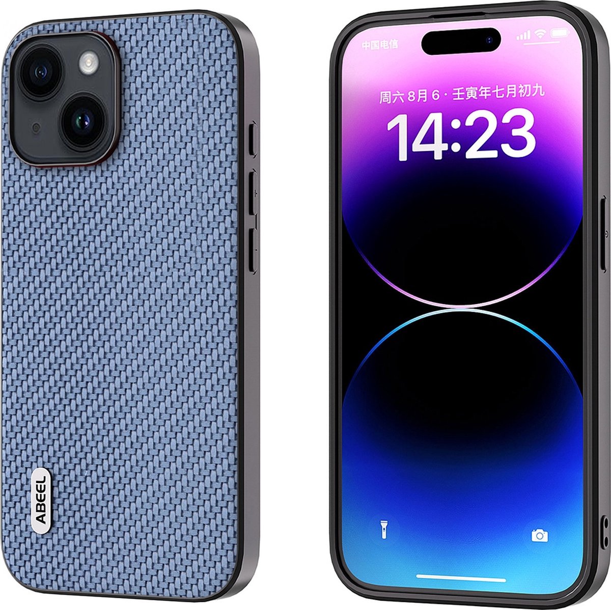 ABEEL carbon beschermende telefoonhoes met koolstofvezel textuur voor iPhone 14 licht blauw