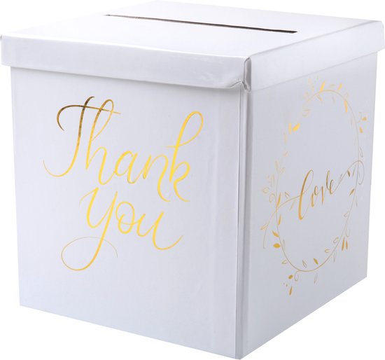Witte kartonnen geldboom met gouden 'Thank You' opdruk en gouden takjesdecoratie rond 'love'.