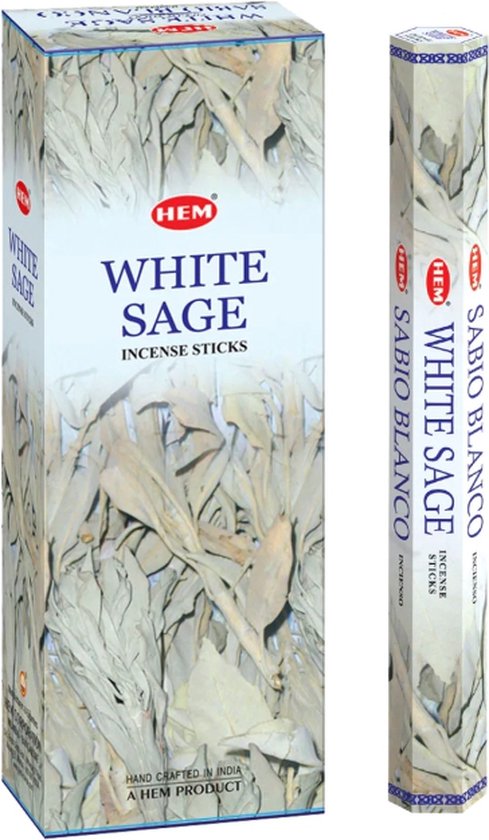 HEM White Sage wierookdoosje en één stokje, met afbeelding van saliebladeren.