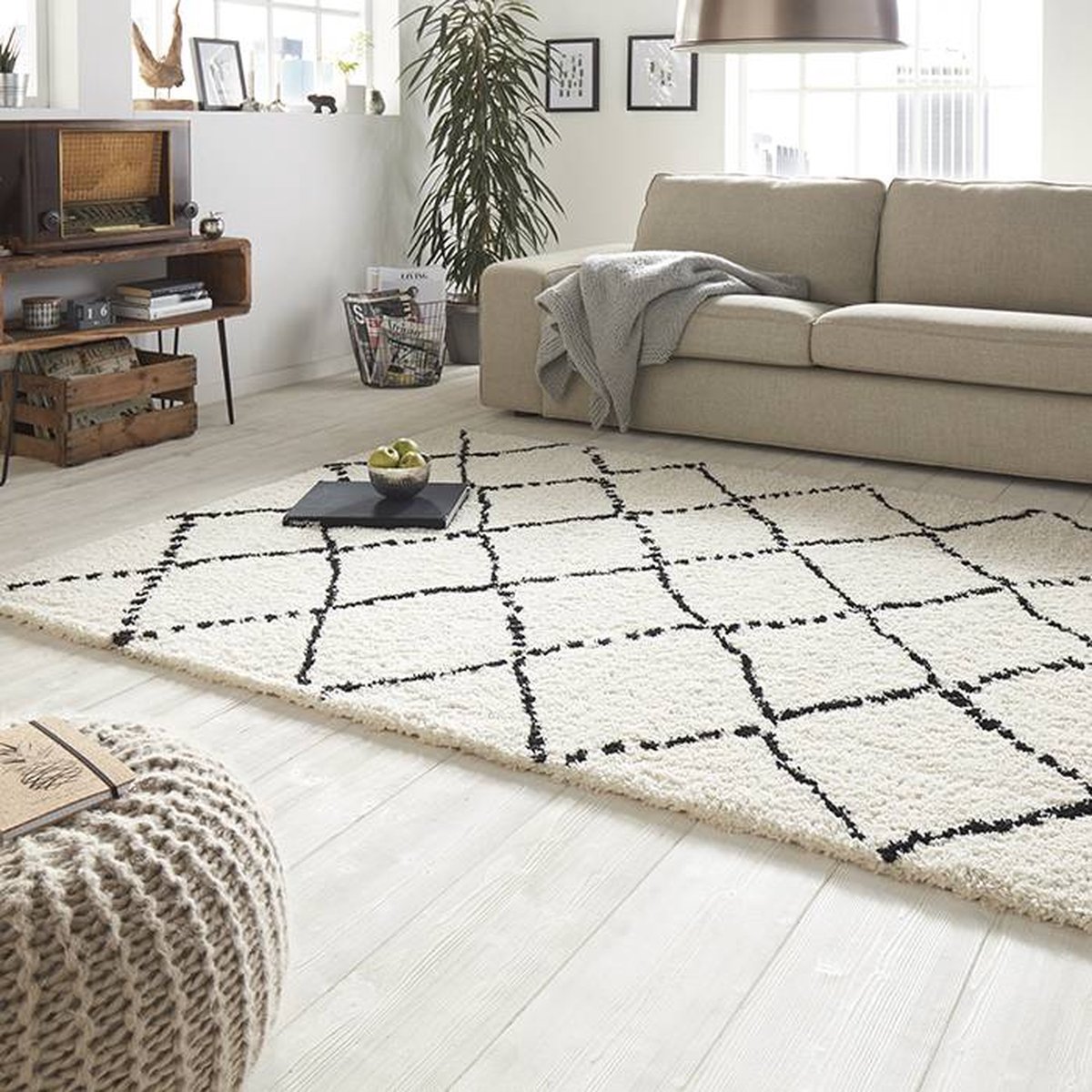 Hoogpolig vloerkleed geruit Allure - crème/zwart 80x150 cm