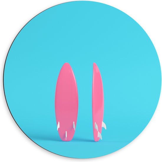 Dibond Muurcirkel - Twee Roze Surfboads tegen Felblauwe Achtergrond - 60x60 cm Foto op Aluminium Muurcirkel (met ophangsysteem)