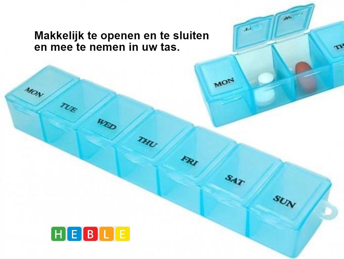 Goedkoopste Pillendoos 7 Dagen Blauw - 7 vakjes - Doos met Medicijnen - Pillen Planner - Medicijndoos - van Heble®