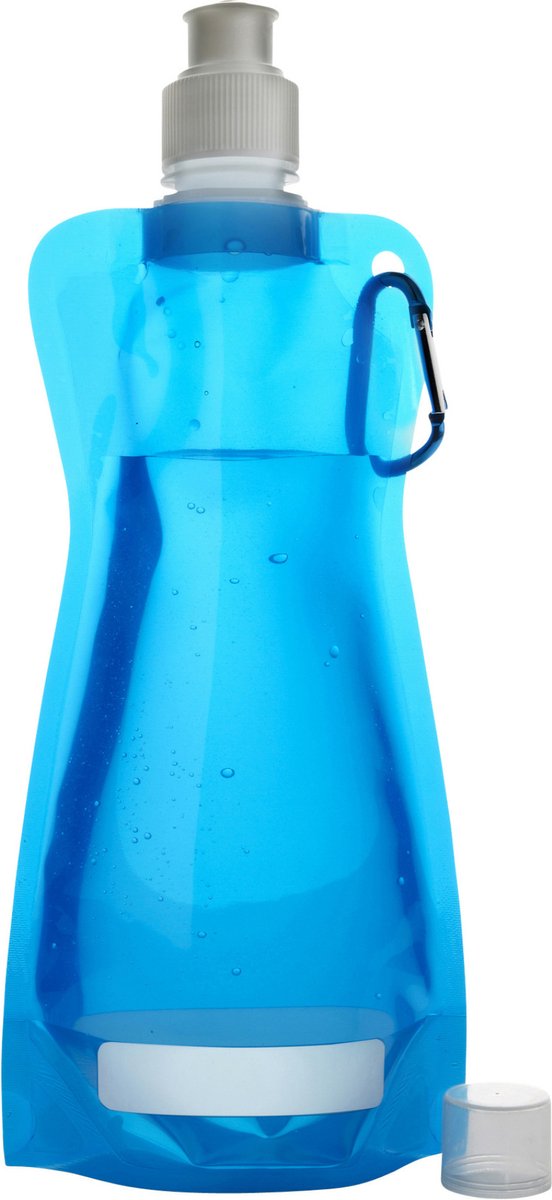 Waterfles/drinkfles/sportbidon opvouwbaar - lichtblauw - kunststof - 420 ml - schroefdop - karabijnhaak