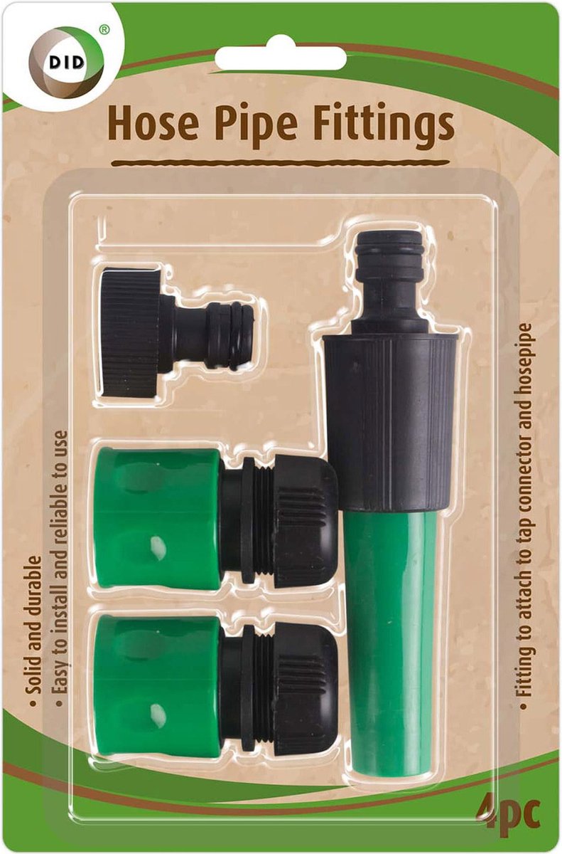 DID Tuinslang koppelingen/opzetstukken set - 4-delig - groen/zwart - Waterslangkoppeling - Slangkoppeling - Tuinslangkoppelstuk