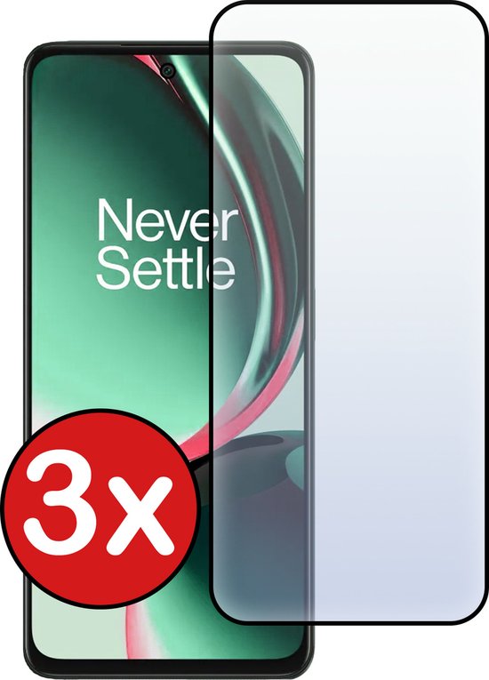 Telefoon met schermprotector, 'Never Settle' tekst. 3 stuks in rode cirkel.