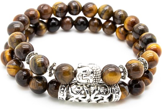 Sorprese armband - Buddha - armband heren - 2-delig - kralen - Tijgeroog Natuurstenen - 21 cm - cadeau - Model P