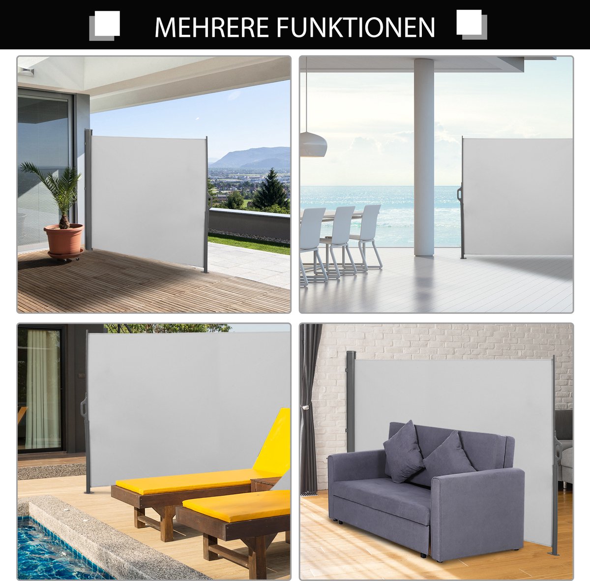 ZOLTA Seitenmarkise 350x180cm - Ausziehbarer Sichtschutz Mit ROLL BACK Funktion | Für Terrasse & Balkon
