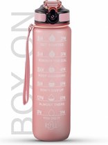 Motivatie Waterfles Rosé - 1 Liter Drinkfles - Waterfles met Rietje - Waterfles met tijdmarkering - BPA Vrij - Volwassenen - Drinkfles Kinderen - Box-On