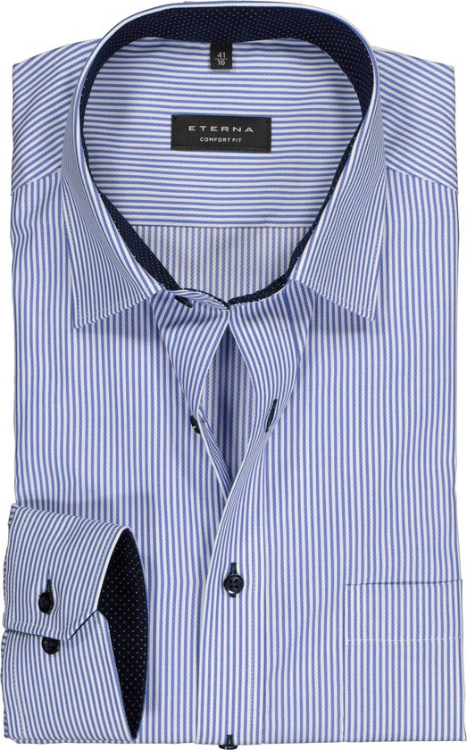 ETERNA comfort fit overhemd - twill heren overhemd - blauw met wit gestreept (blauw contrast) - Strijkvrij - Boordmaat: 49