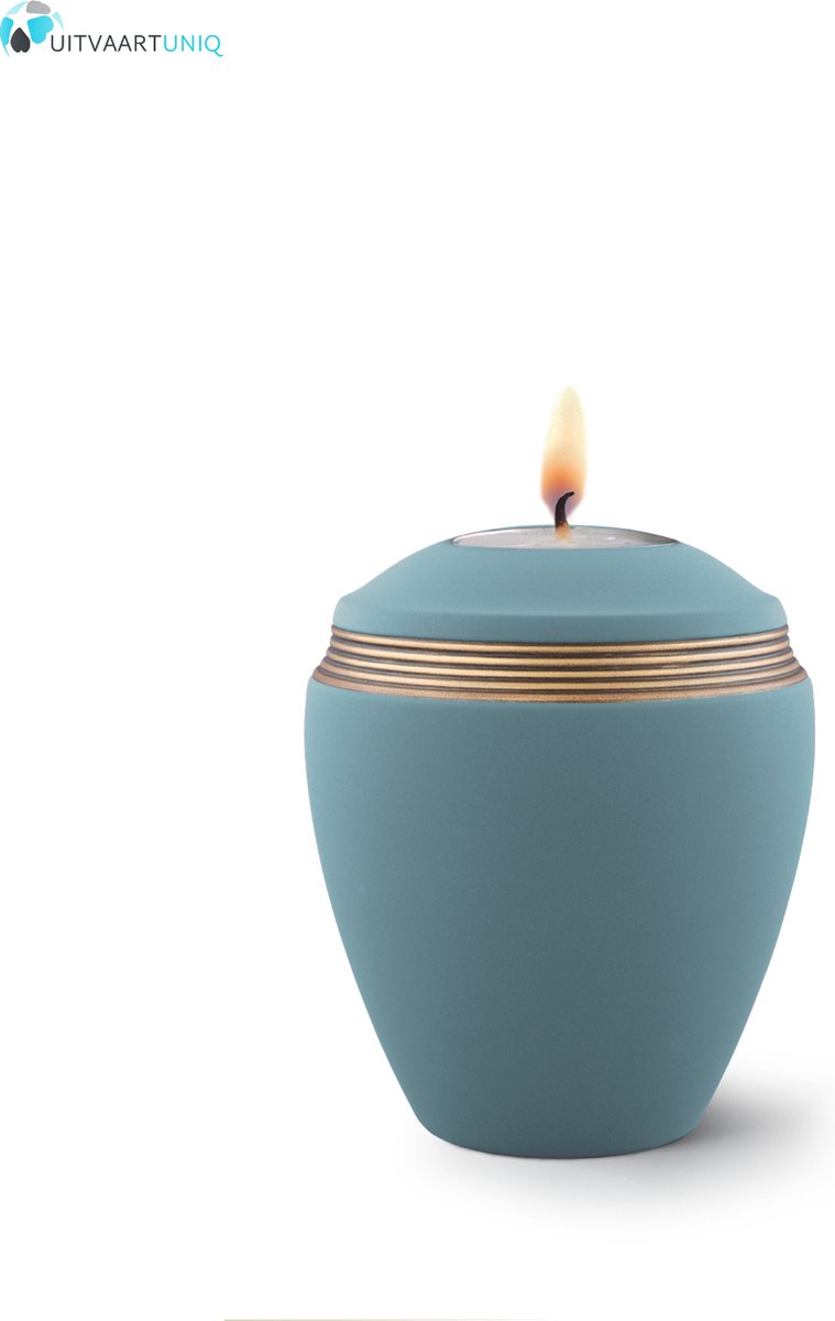 Mini urn turkoois met herdenkingslichtje- keramiek