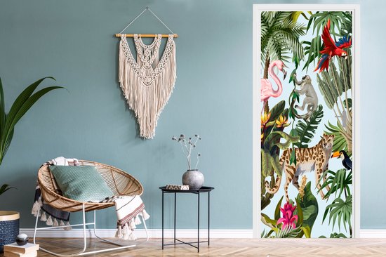 Sticker de porte Jungle - Animaux - Filles - Enfants - Garçons - Flamingo - Perroquet - 95x235 cm - Poster de porte