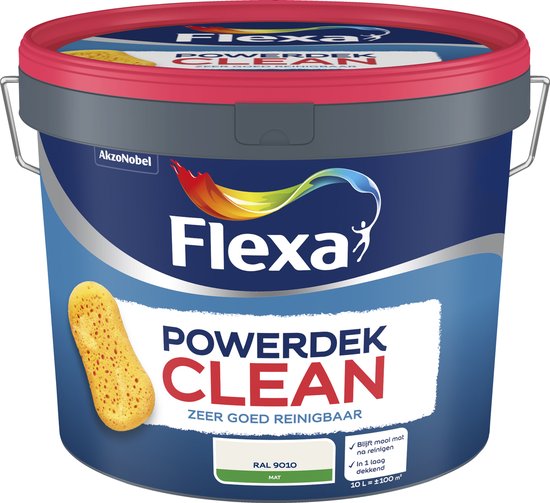 Flexa Powerdek Clean - Muren & Plafonds - Reinigbare Muurverf - RAL 9010 / gebroken wit - 10 liter - Flexa