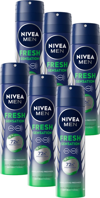 NIVEA MEN Fresh Sensation Anti-transpirant Spray - Deodorant - Beschermt 72 uur - Infinifresh - Alcoholvrij - Antibacterieel - 6 x 150 ml