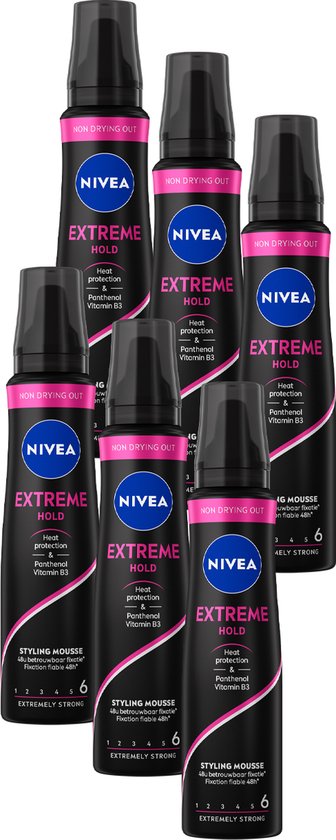 Groupe de six bouteilles de mousse coiffante NIVEA EXTREME HOLD.