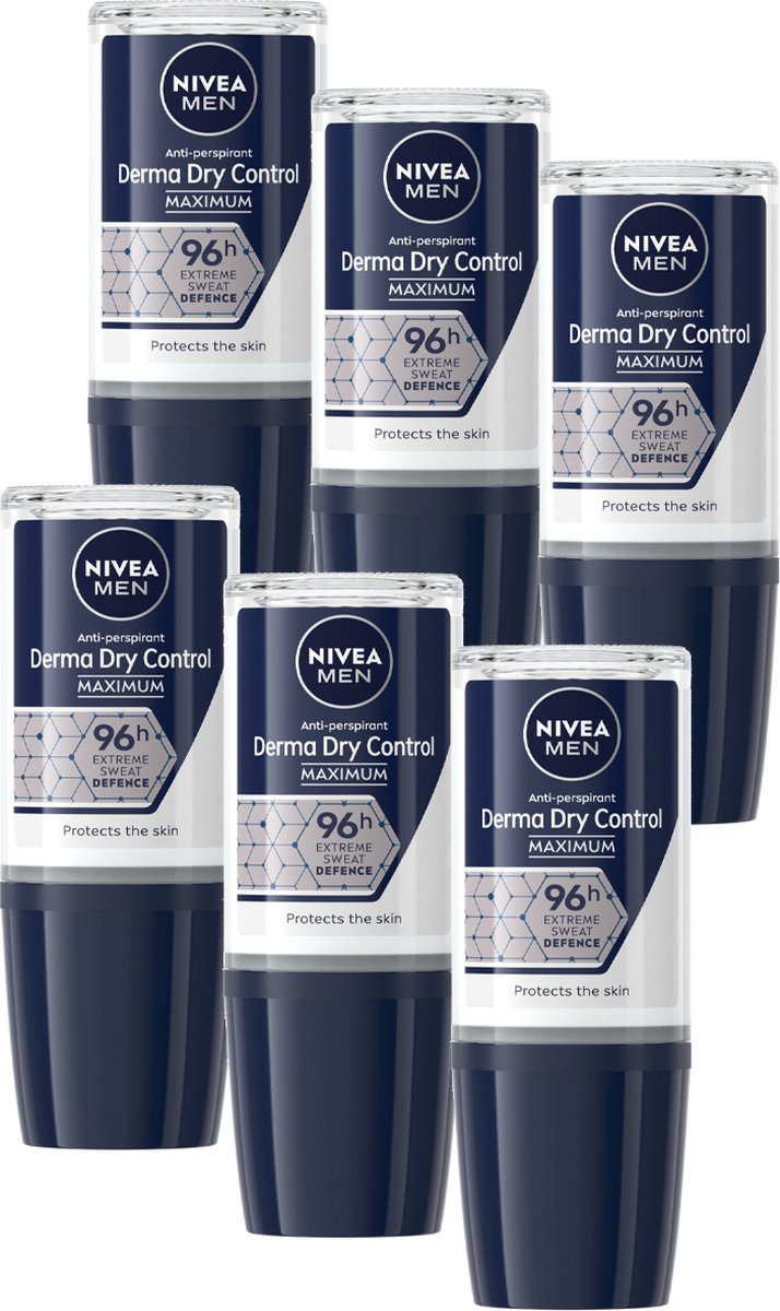 Goedkoopste NIVEA MEN Derma Control Maximum Roll-on Deodorant - 96 uur krachtige bescherming - Geur van hout en amber - Met DermaDry en melkzuur - 6 x 50 ml - Voordeelverpakking