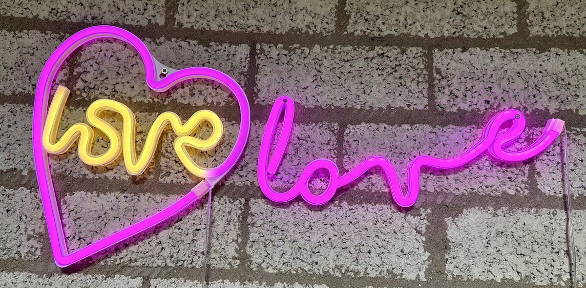 LED hart+love en love met neonlicht - Set van 2 stuks - roze en geel+ roze neon licht - Op batterijen en USB - hoogte hart+love 27 x 25.5 x 2 cm - hoogte love 13.5 x 34.5 x 2 cm - Wandlamp - Sfeerlamp - Decoratieve verlichting - Woonaccessoires