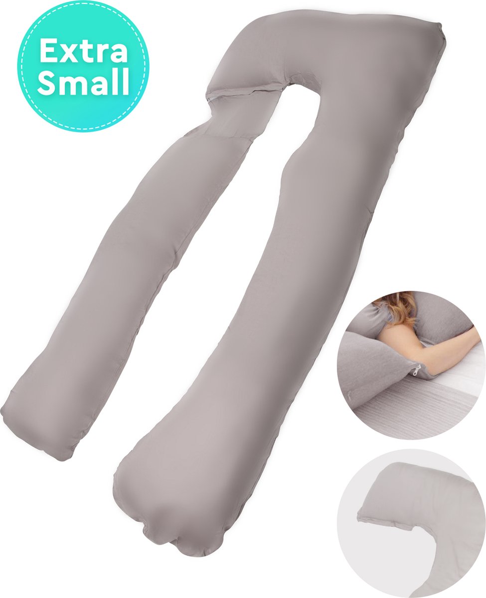 XS Lichaamskussen met Afritsbare Kussen - Geschikt voor Kleinere Dames en Kinderen (tot 1.65m) - Zwangerschapskussen - Kniekussen - Voedingskussen - 140x65 cm - Grijs