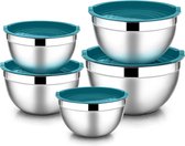 Lot de 5 saladiers 100% inox avec couvercle hermétique - 4,5 L, 2,7 L, 1,5 L, 1,2 L, 0 L, idéal cuisine/pâtisserie/conservation, empilable et passe au lave-vaisselle - bleu