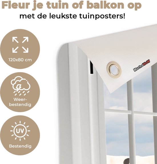 Tuin poster - Tuin decoratie - Koe - Doorkijk - Molen - Natuur - Tuinversiering - Terras - Tuindecoratie wanddecoratie - Muurdecoratie buiten - 120x80 cm - Buitenschilderijen voor in de tuin - Decoratie tuin om op te hangen
