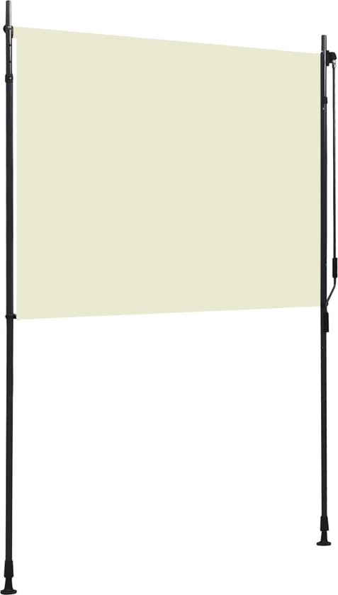 Store banne extérieur crème, 150x270 cm, monté entre deux poteaux noirs.