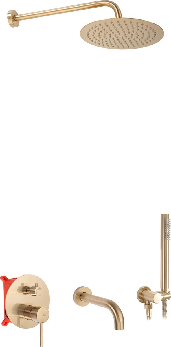 MANDEE.NL - Milera geborsteld goud Inbouw Regendoucheset - ANTI-KALC-systeem Doucheset - inbouwkraan, regendouche, regendouche-arm, 1500 mm slang, handdouche, handdouchehouder, materiaal messing