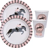 Paarden feest wegwerp servies set - 20x bordjes / 20x bekers - grijs/roze
