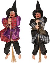 Halloween decoratie heksen pop op bezem - 2x - 44 cm - rood/goud