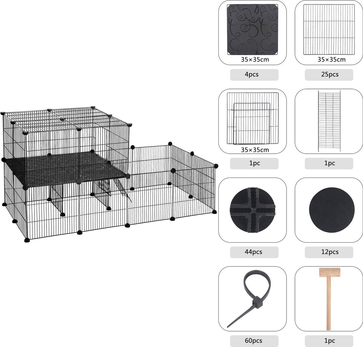 Kamyra® Dierenren met Extra Verdieping - Voor Puppies, Kittens & Konijnen - Ren, dierenren, Dierenverblijf - Kunststof & Metaal - Zwart thumbnail 6
