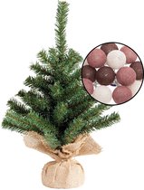 Mini kunstboompje groen - met lichtsnoer bollen mix rood - H45 cm