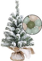 Mini kerstboom met sneeuw - incl. lichtslinger met bollen mix groen - H45 cm